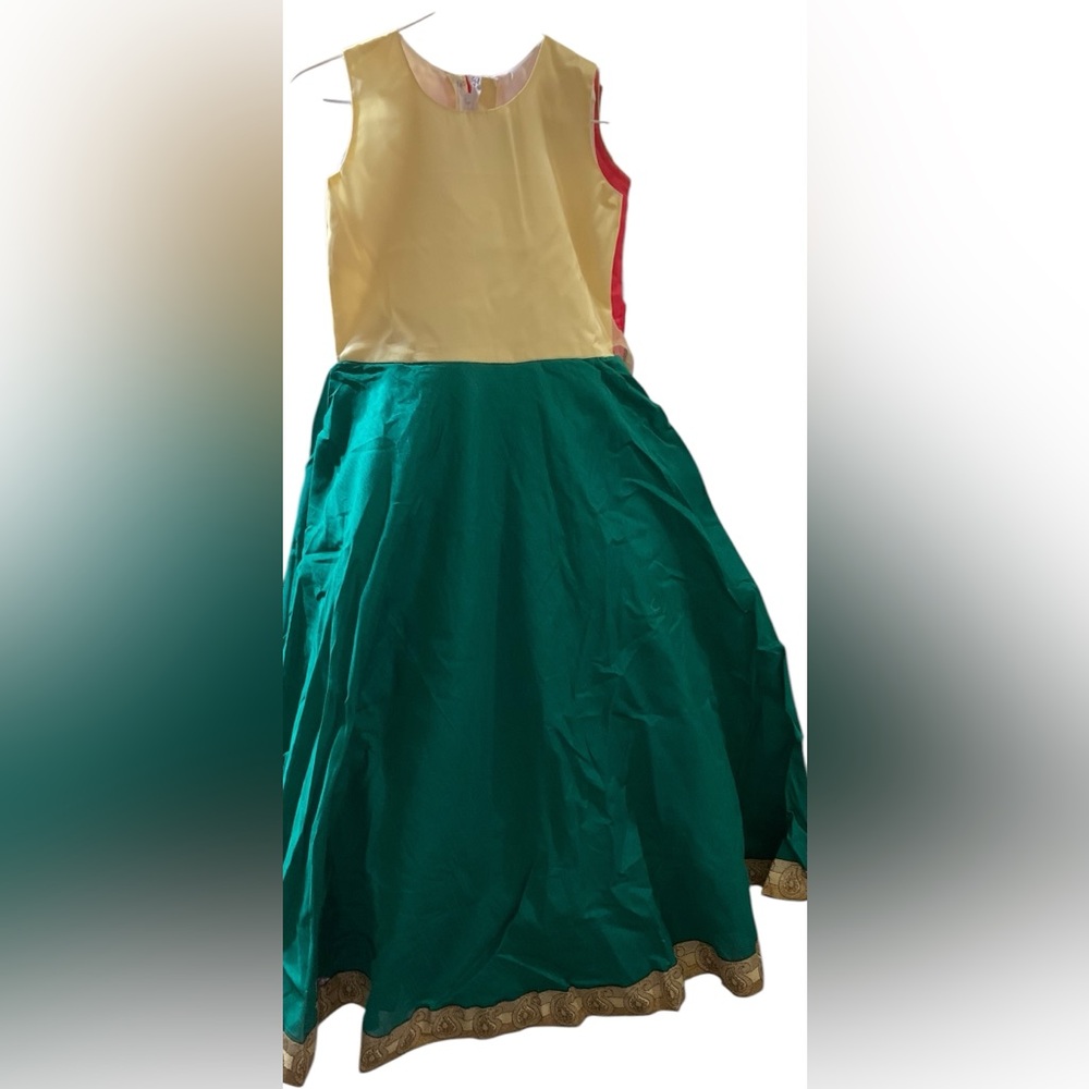 Festive Lehenga-Style Dress, Sleeveless Yellow & Green Party Gown with Gold Trim